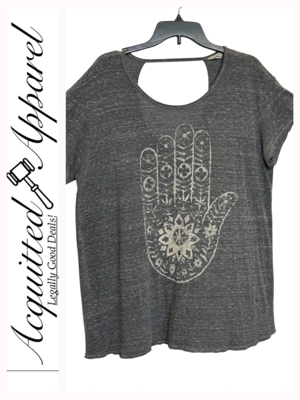Lucky Lotus Women's Charcoal Gray Short-Sleeve Graphic Hand Open Back Tee